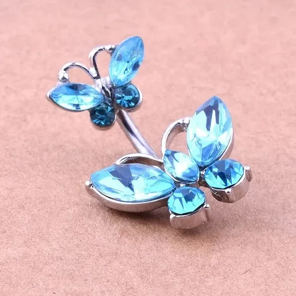 Anneaux de nombril en cristal bleu, boucle d'oreille pendante, piercing au nombril coeur, grappe d'haltères, fleur, 14