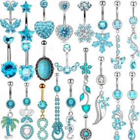 Anneaux de nombril en cristal bleu, boucle d'oreille pendante, piercing au nombril coeur, grappe d'haltères, fleur, 14