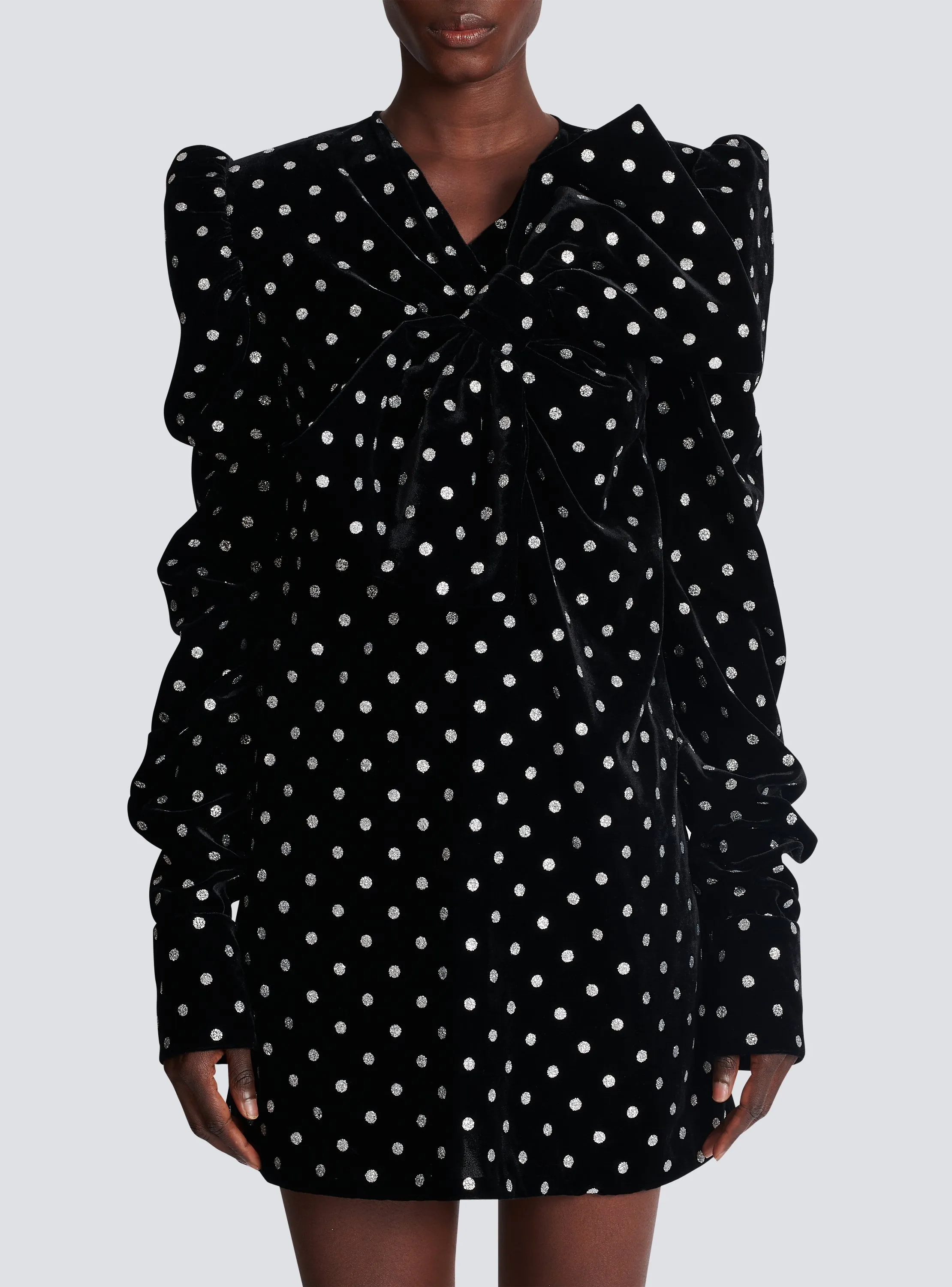 BALMAIN  Robe courte à maxi nœud et pois glitter - Argent