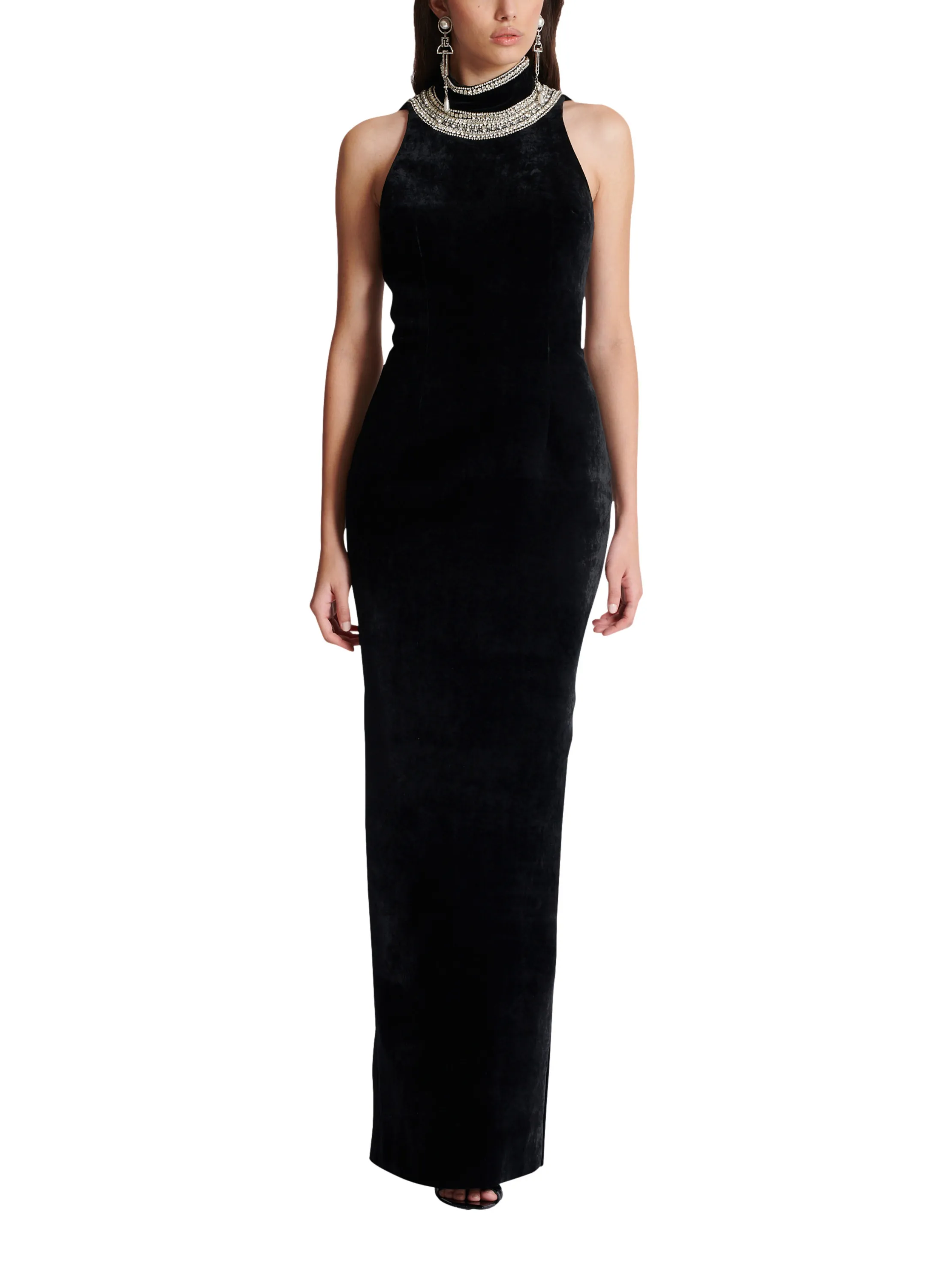 BALMAIN  Robe dos-nu en velours brodé - Noir