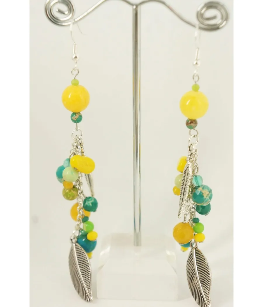 BOUCLES "GRAPPE" AGATE ET JASPE VERTE ET JAUNE PLUMES ARGENTEES