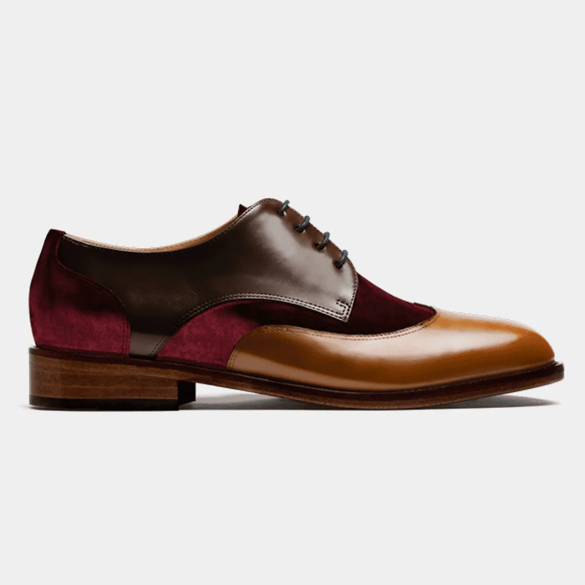 Chaussures Derby à bout golf en velours et cuir bordeaux, marron et vert