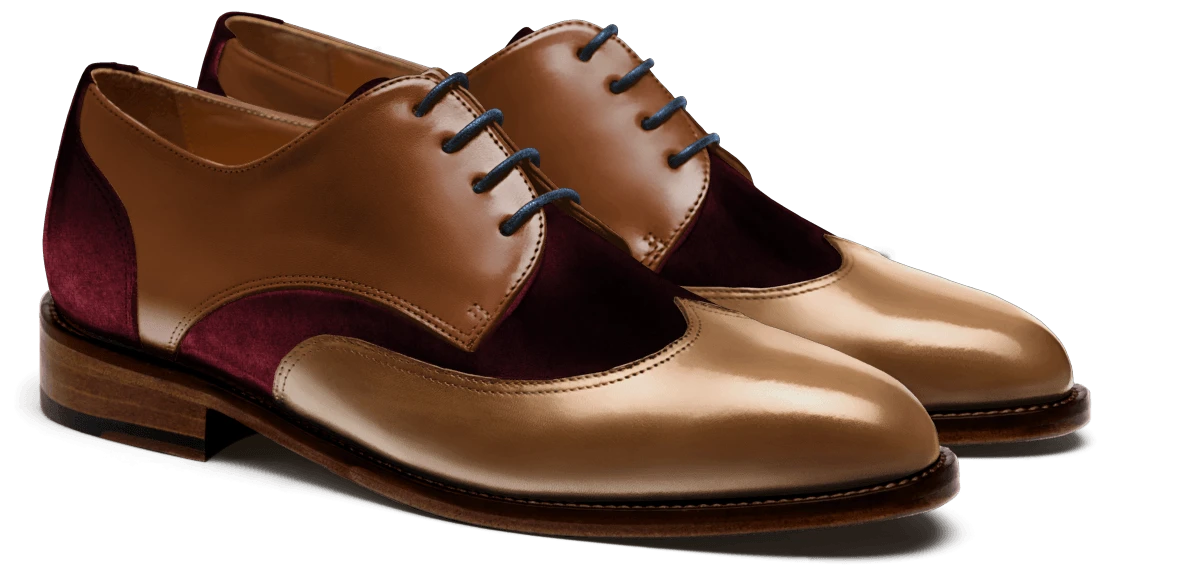 Chaussures Derby à bout golf en velours et cuir bordeaux, marron et vert
