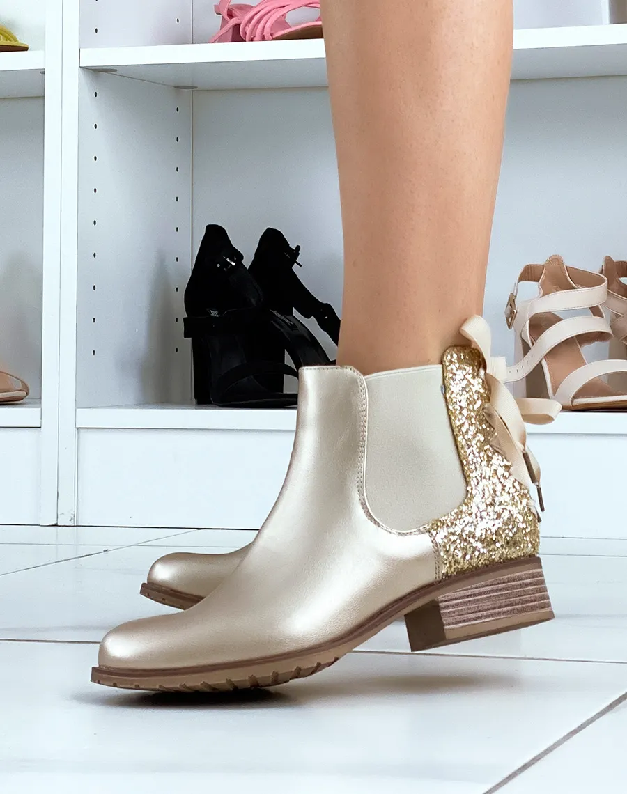 Chelsea boots basses dorées à paillettes et noeud