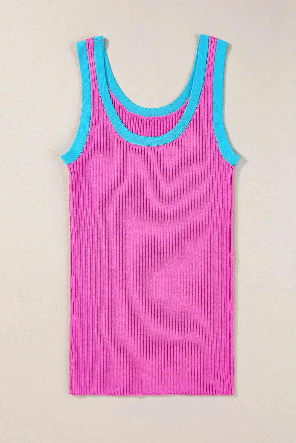 Débardeur à col en U en tricot ctelé à bords color block rose vif