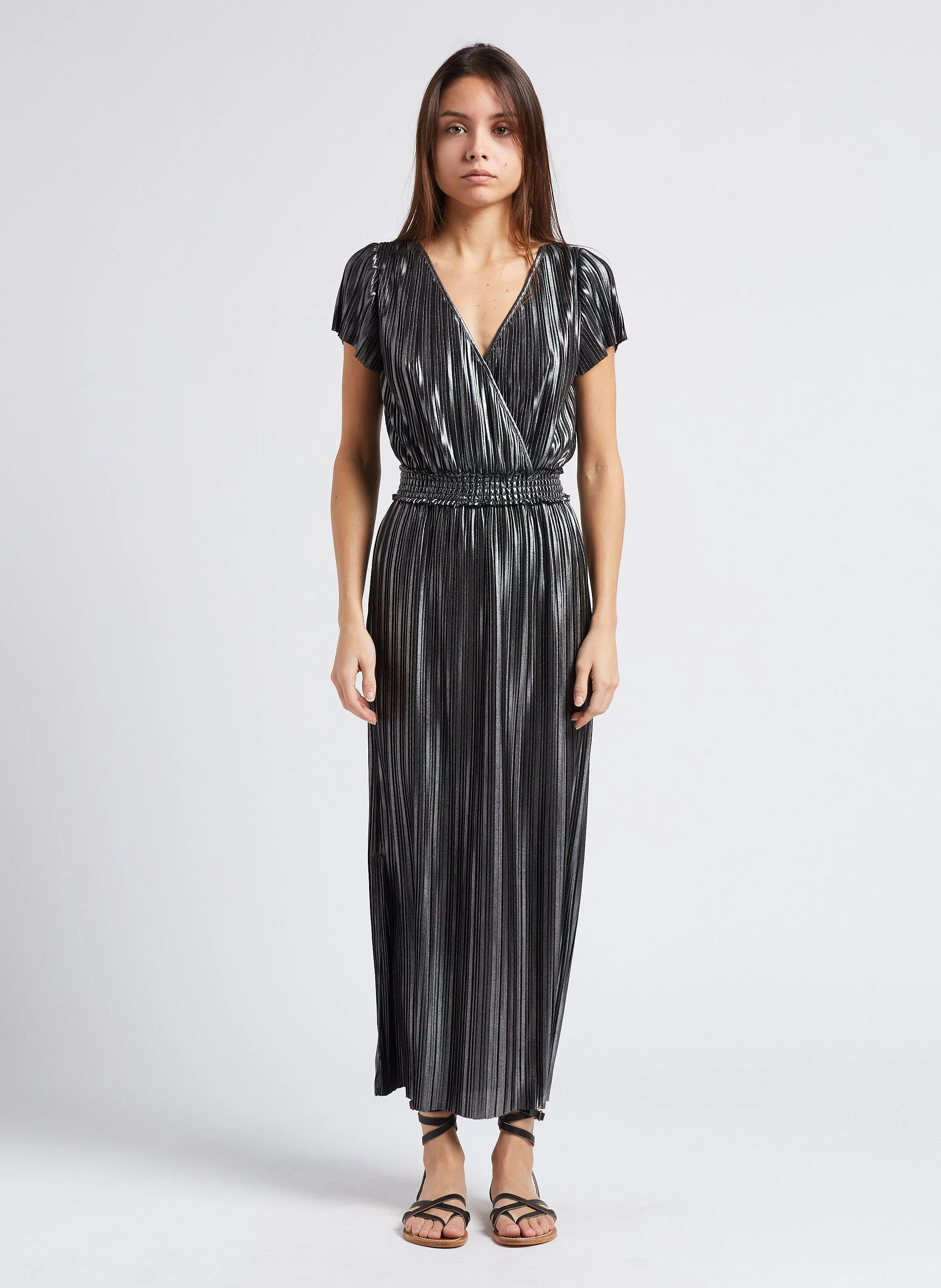 IKKS  Robe longue col v plissée - Argent