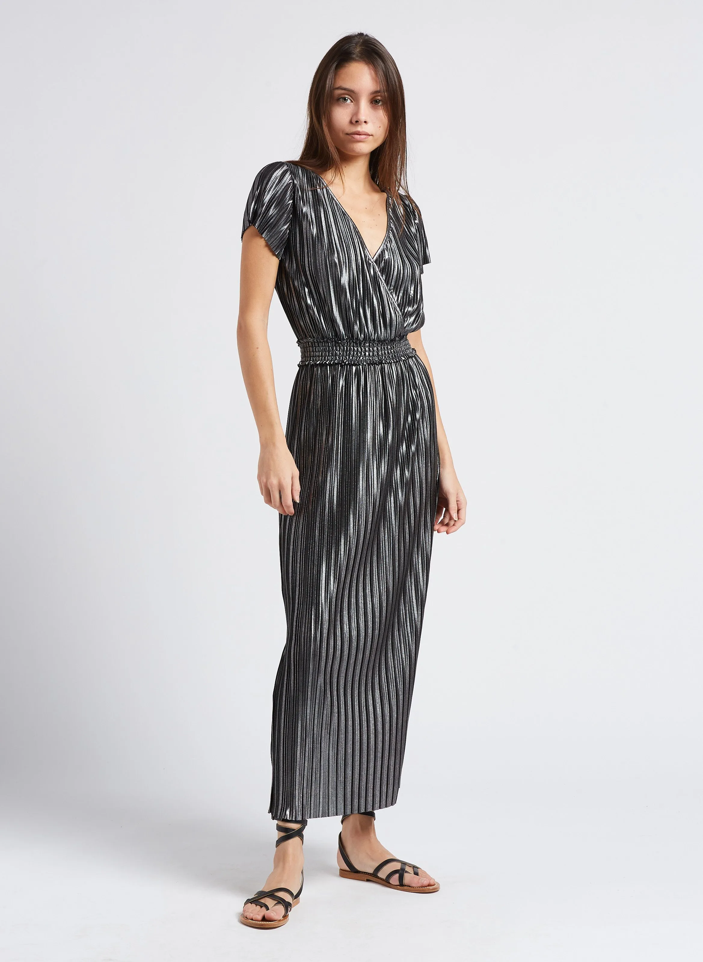 IKKS  Robe longue col v plissée - Argent