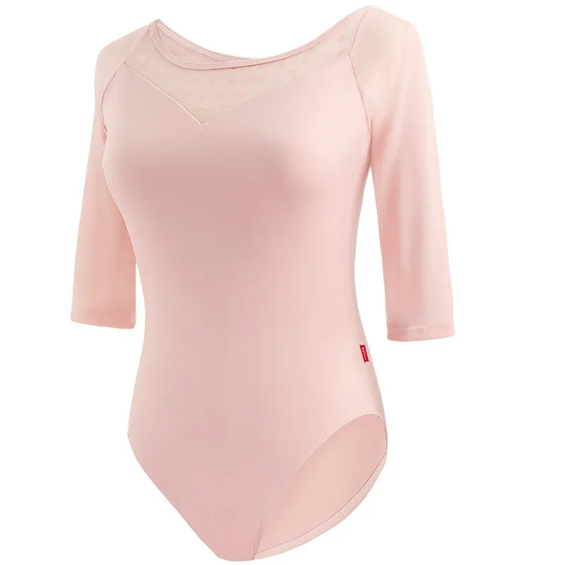 Justaucorps de danse en maille noire pour femmes, manches trois quarts, épissure de Ballet, pour adultes, pratique de la danse, 