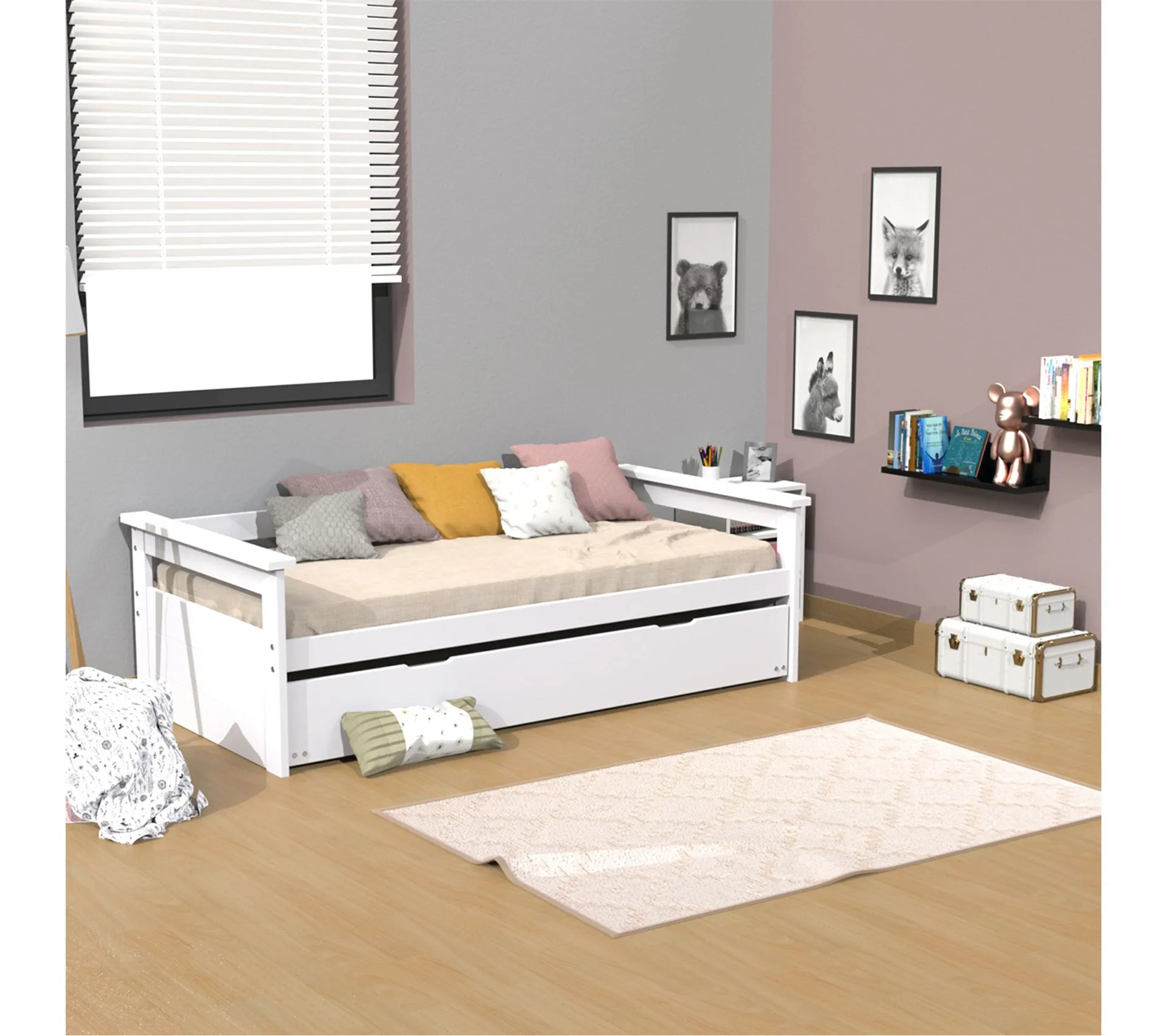 Lit Banquette Gigogne 90x190 Inclus 1 Tiroir-lit Et 2 Sommiers Gael Blanc