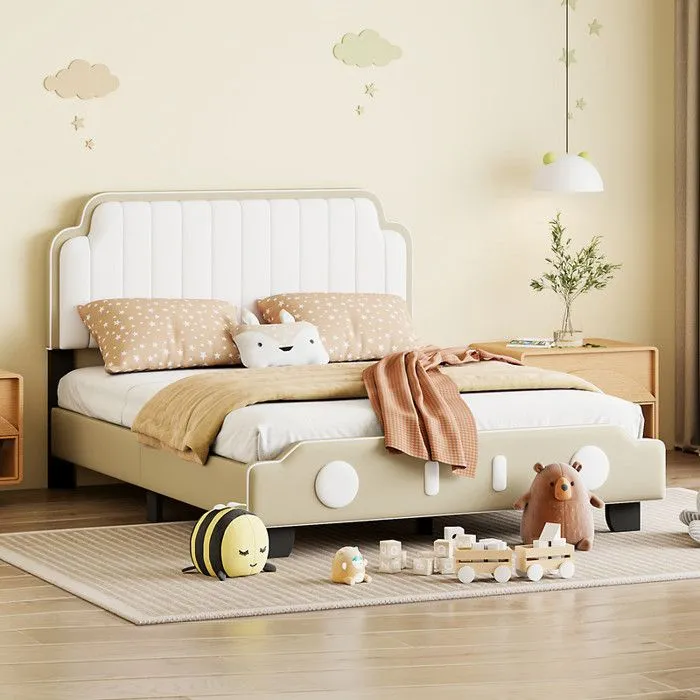 Lit enfant - tapissé 140x200 cm - simili cuir - avec sommier à lattes - Gris (matelas non inclus)