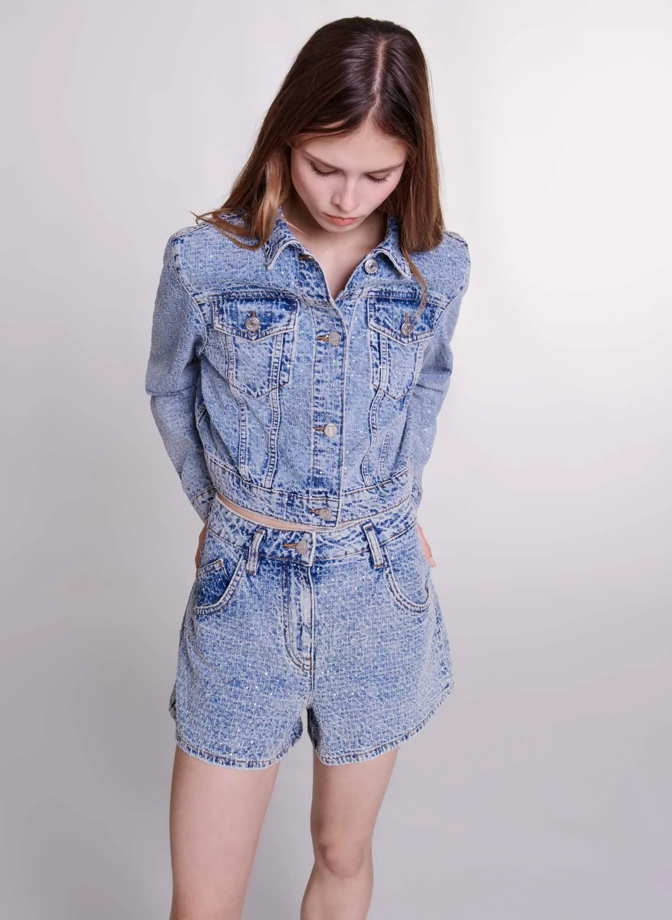 MAJE  Short droit taille haute en coton - Bleu