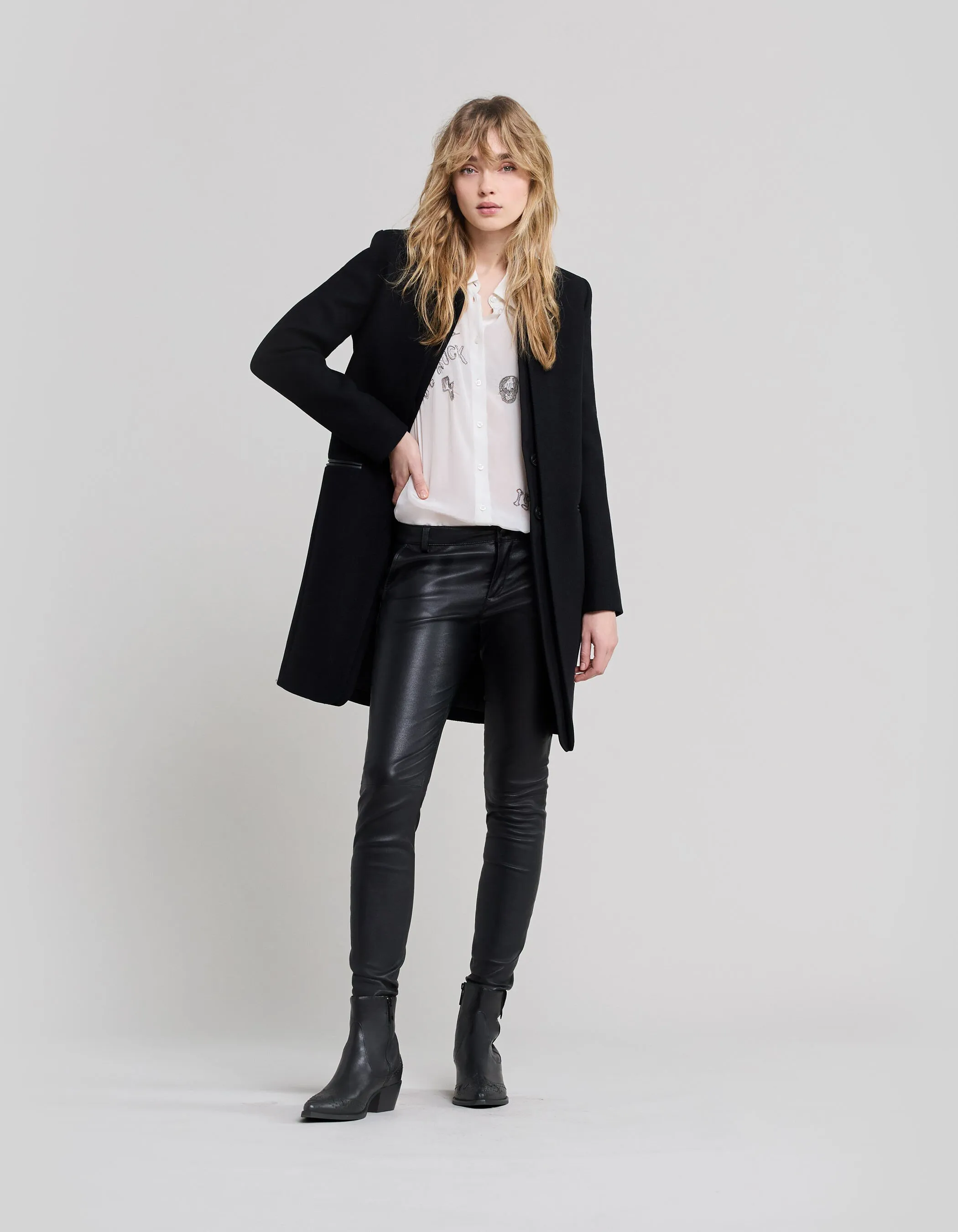 Manteau mi-long noir double col enduit femme