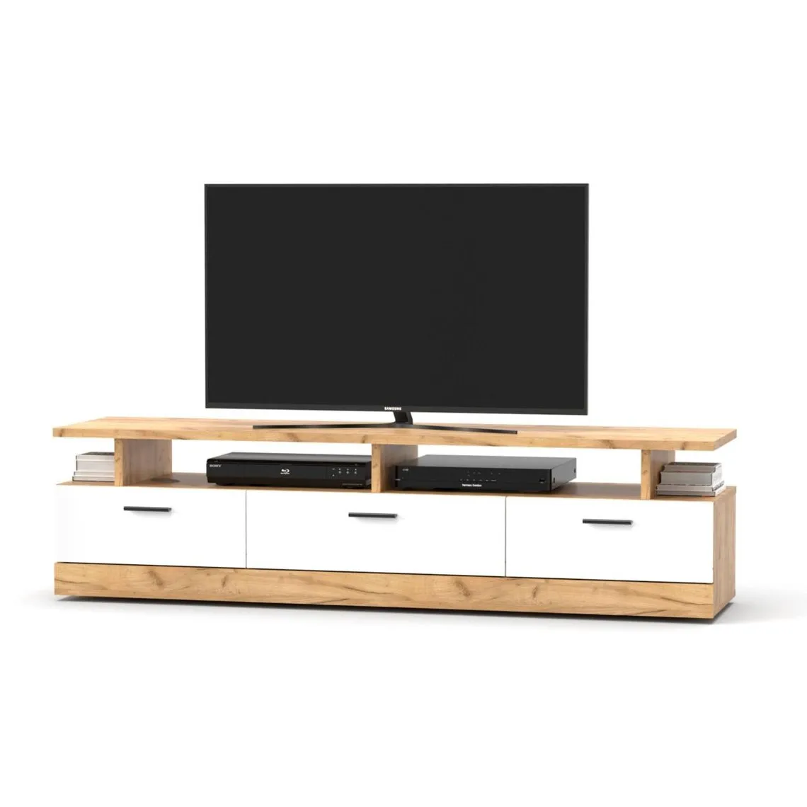 Meuble tv moderne 3 tiroirs L165cm Blanc et Chêne doré | 3 Suisses