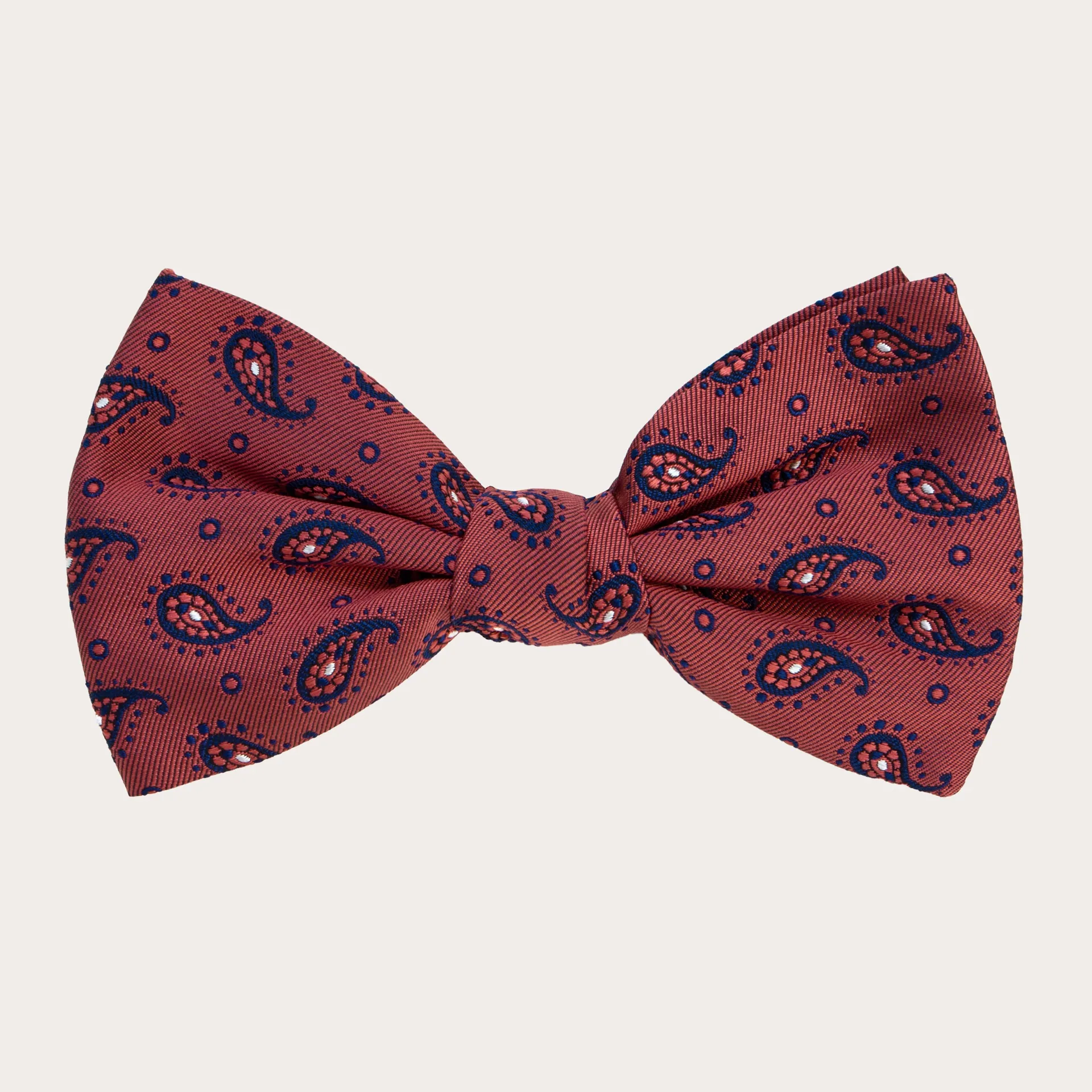Noeud papillon élégant en soie, motif paisley rouge et bleu