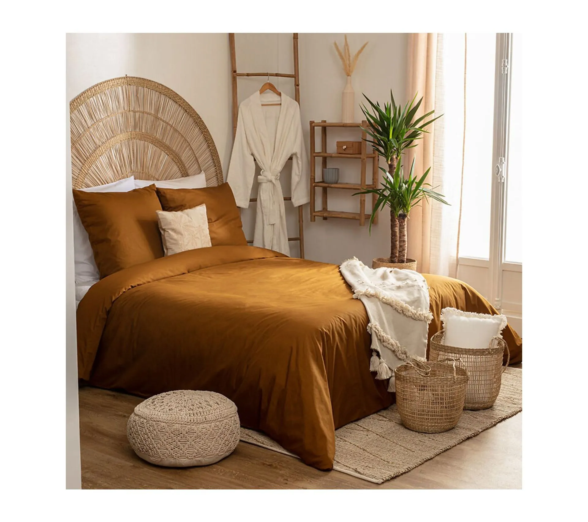 Parure De Lit 2 Personnes Percale De Coton Jaune Ocre 240 X 220 Cm Housse De Couette Avec 2 Taies