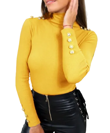 Pull Col Montant Boutonné Femme Jaune