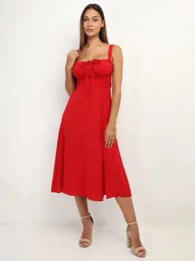 Robe corset mi-longue à fente- Rouge