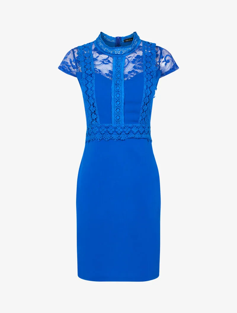 Robe fourreau buste à bandes dentelle - bleu électrique