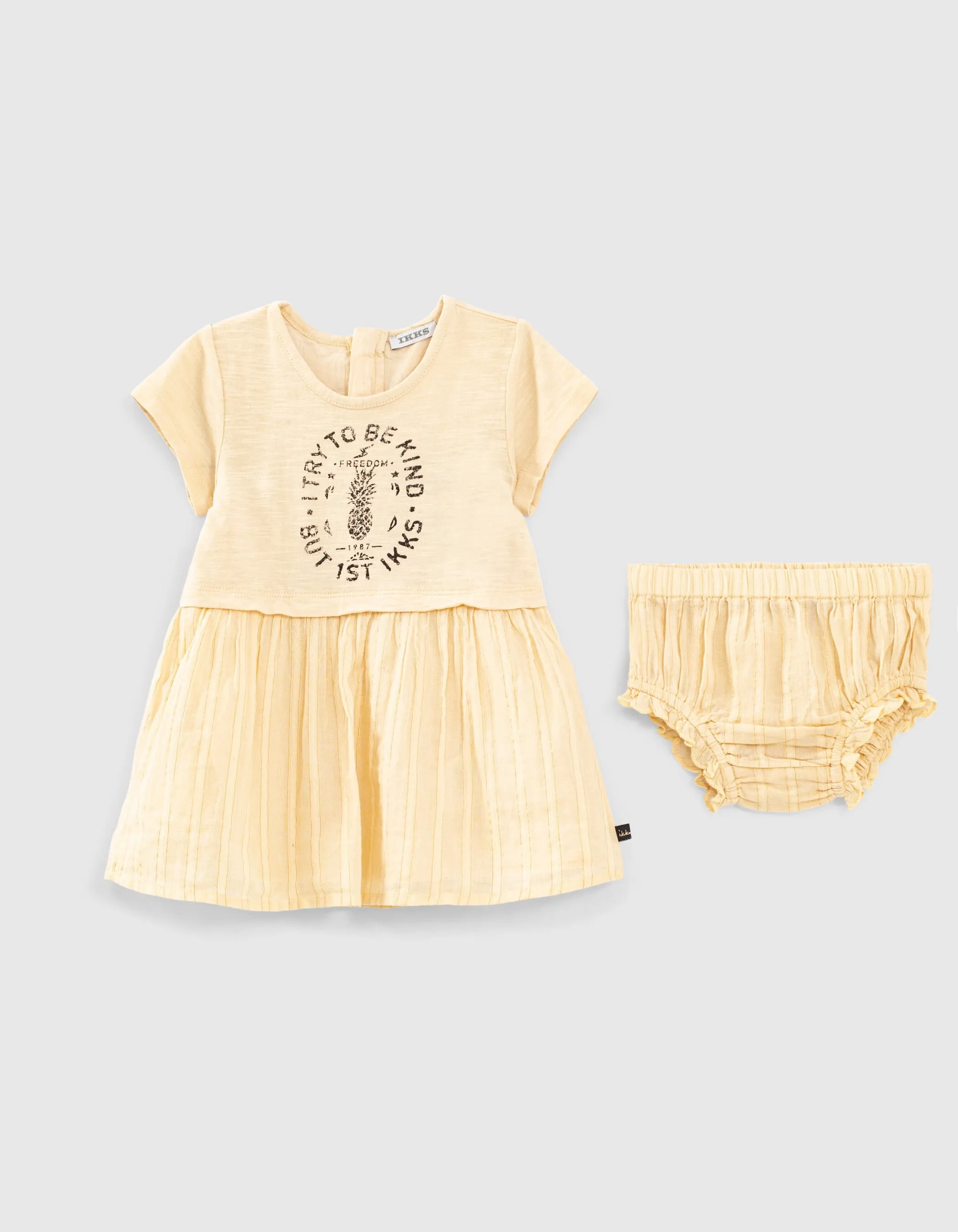 Robe jaune blé bi matière avec bloomer bébé fille
