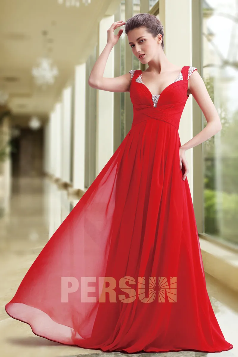 Robe rouge longue col en V avec bretelles dos échancré pour fiançailles