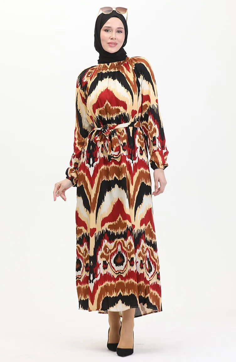 Robe Viscose A Motifs Et Ceinturée 0501-04 Rouge Claret Taba 0501-04