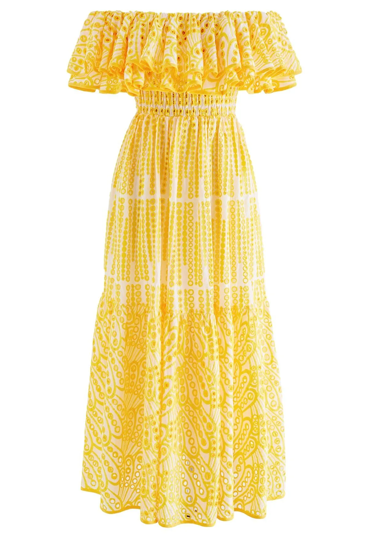Robe à œillets brodés à volants et épaules dénudées