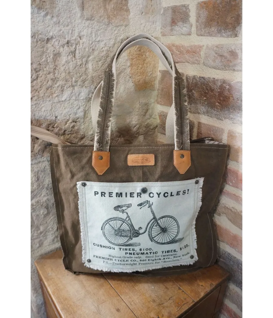 Santaia cabas original coton cuir marron vintage velo cycle ecriture