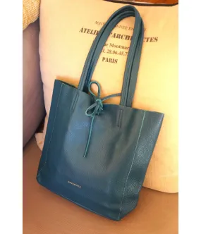 SANTAÏA Cabas cuir vachette grainé bleu canard qualité Italie