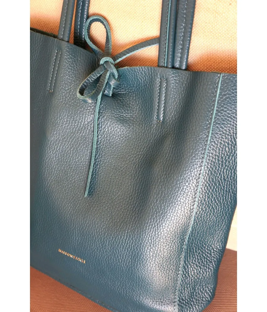 SANTAÏA Cabas cuir vachette grainé bleu canard qualité Italie