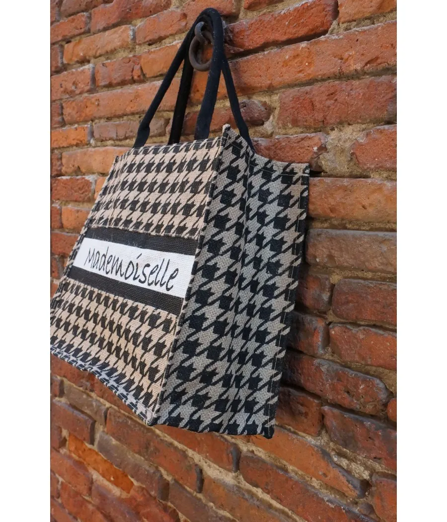 SANTAÏA CABAS MADEMOISELLE PIED DE POULE NOIR BEIGE LIN ASPECT JUTE