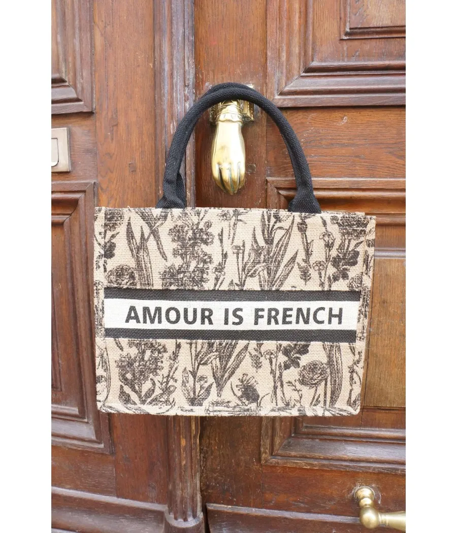 SANTAÏA grand cabas AMOUR IS FRENCH ville plage jute motif floral noir