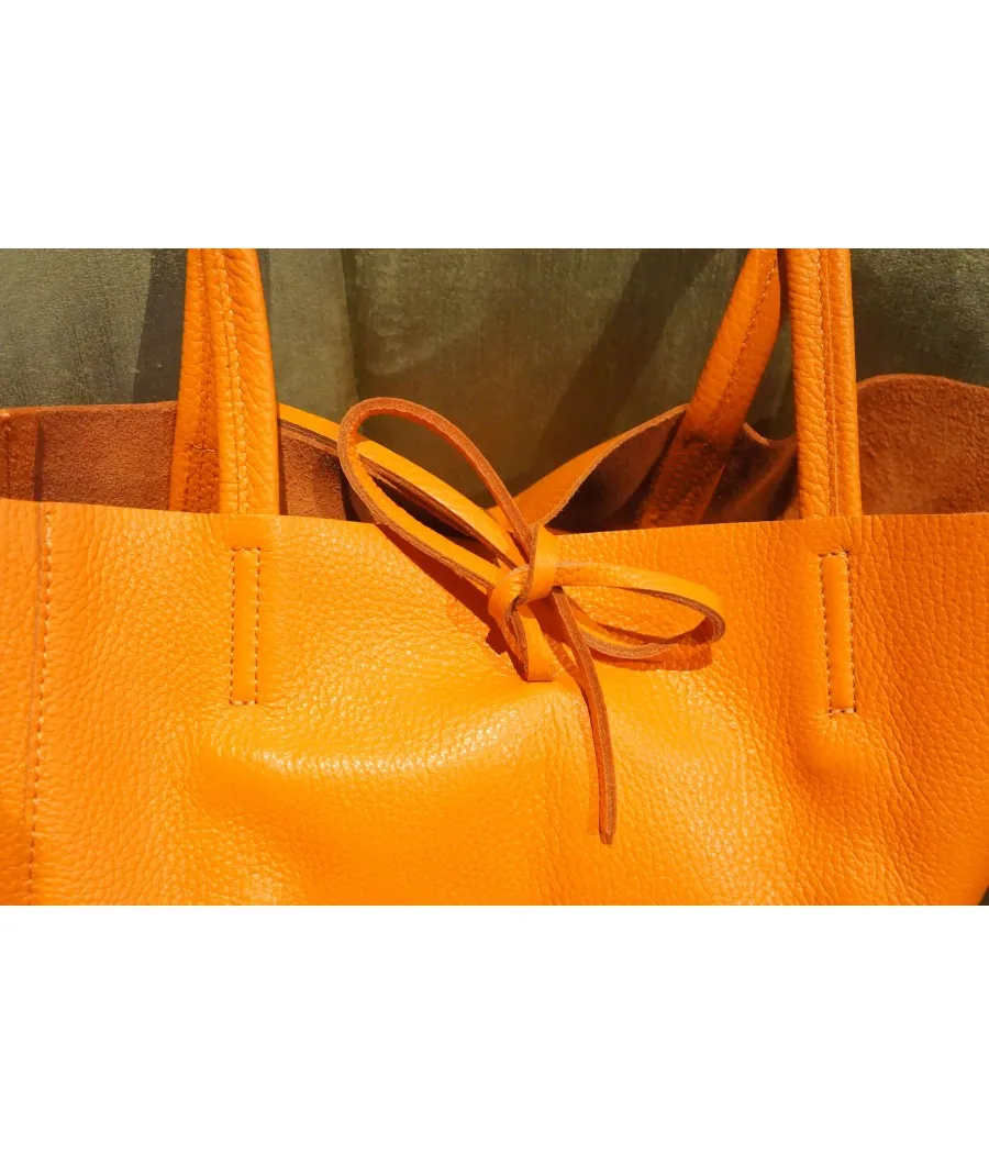 SANTAÏA Grand cabas cuir vachette véritable grainé orange vif Italie