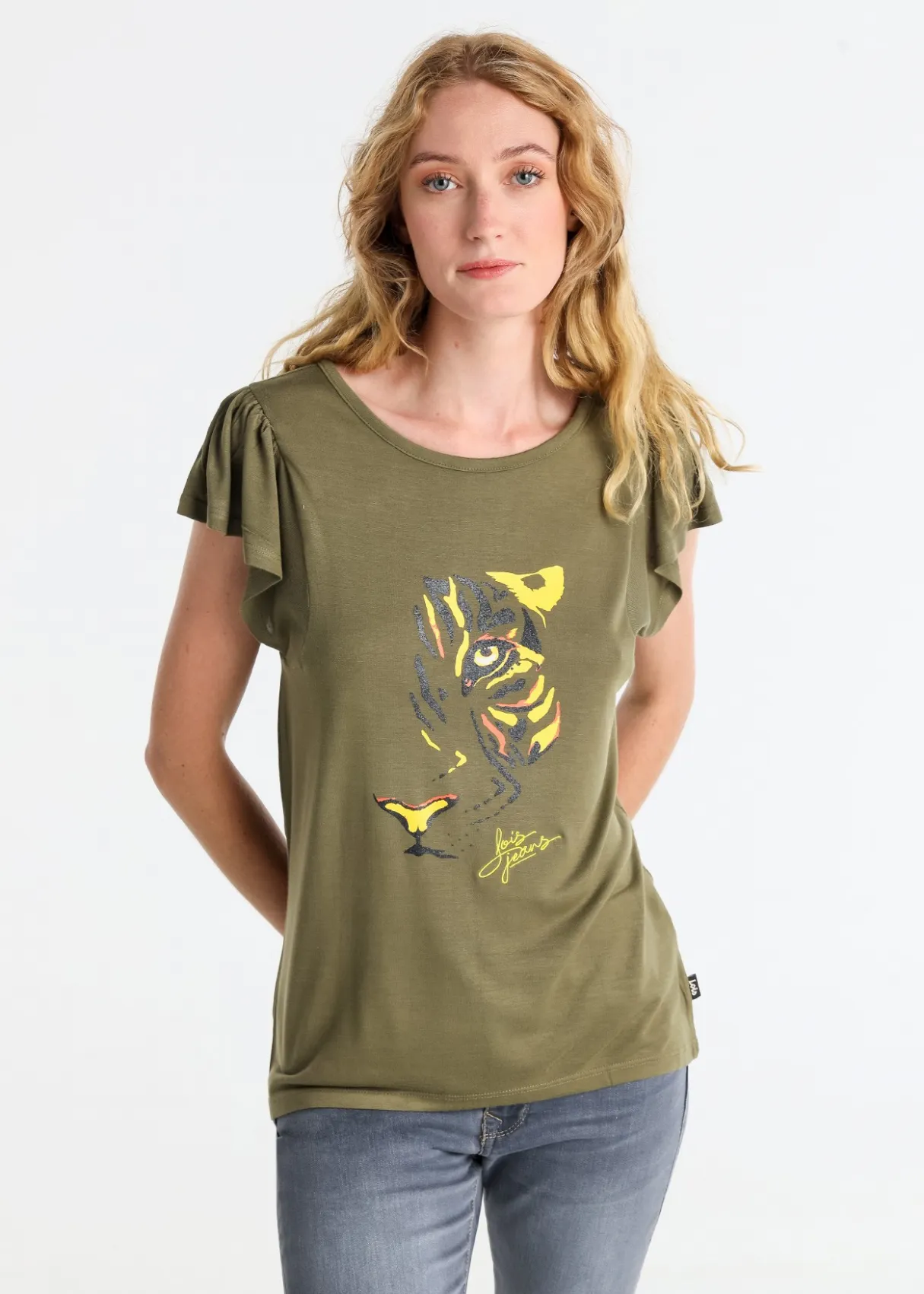 T-shirt  manche courte volant   graphique Leopard Lurex