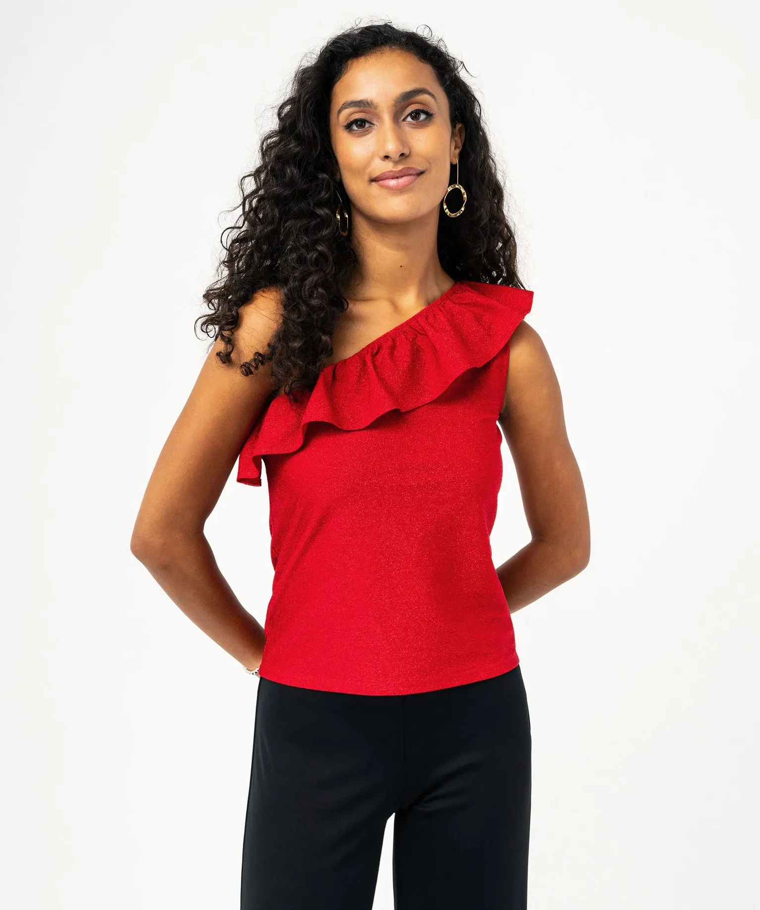 Tee-shirt asymétrique à volant et paillettes femme rouge